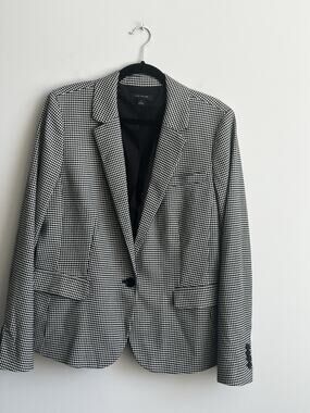 Ann Taylor Factory Womens Houndstooth Blazer Black White Single Button Size 14
